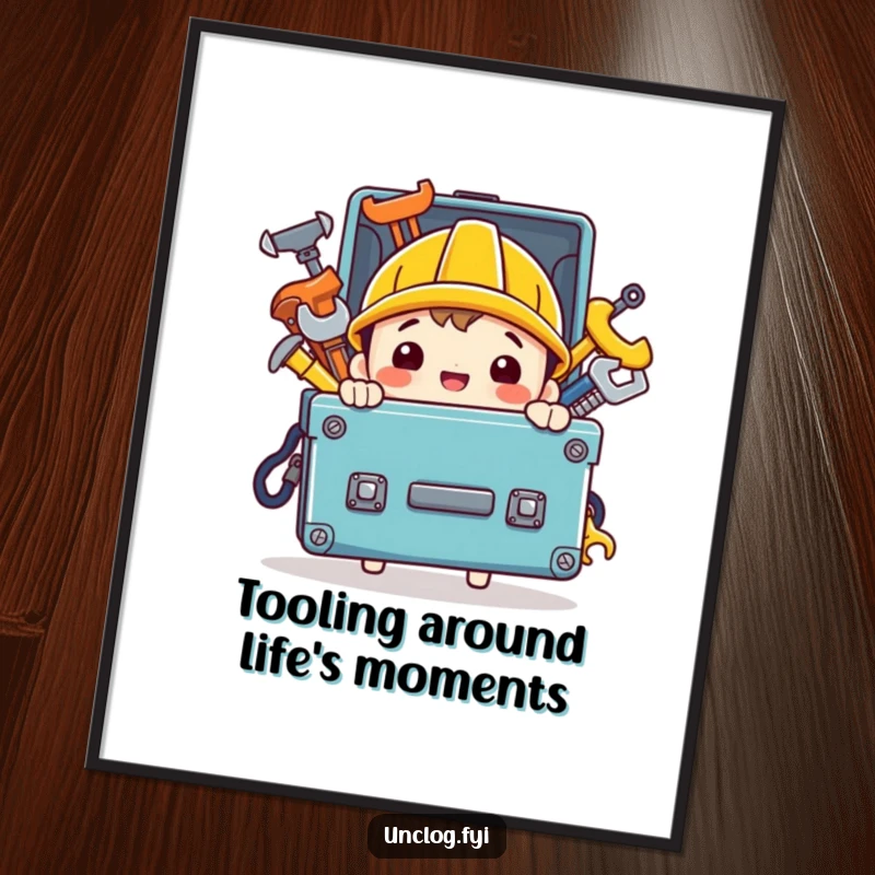 Funny Free Printable Wall Art: A happy character proudly carrying a toolbox overflowing with gleaming, shiny tools, perfect for a workshop or garage.