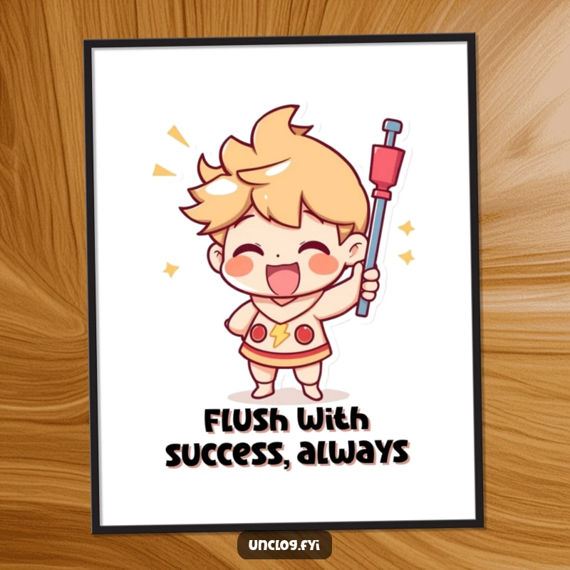 Funny Free Printable Wall Art: Character joyfully using a plunger with a triumphant look, adding quirky decor.