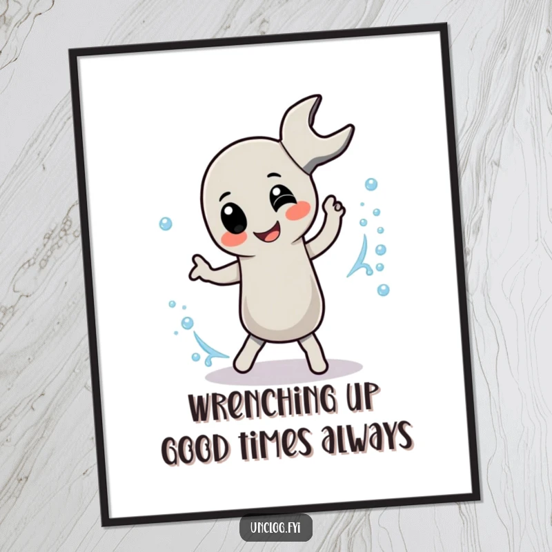 Funny free printable wall art of a pipe wrench character energetically dancing with a stream of delightful, bubbly water.