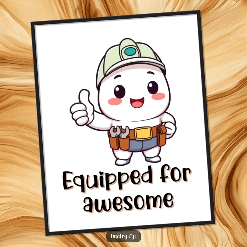 Funny Free Printable Kawaii DIYer Wall Art, character with tool belt giving happy thumbs up, DIY spirit, downloadable decor.