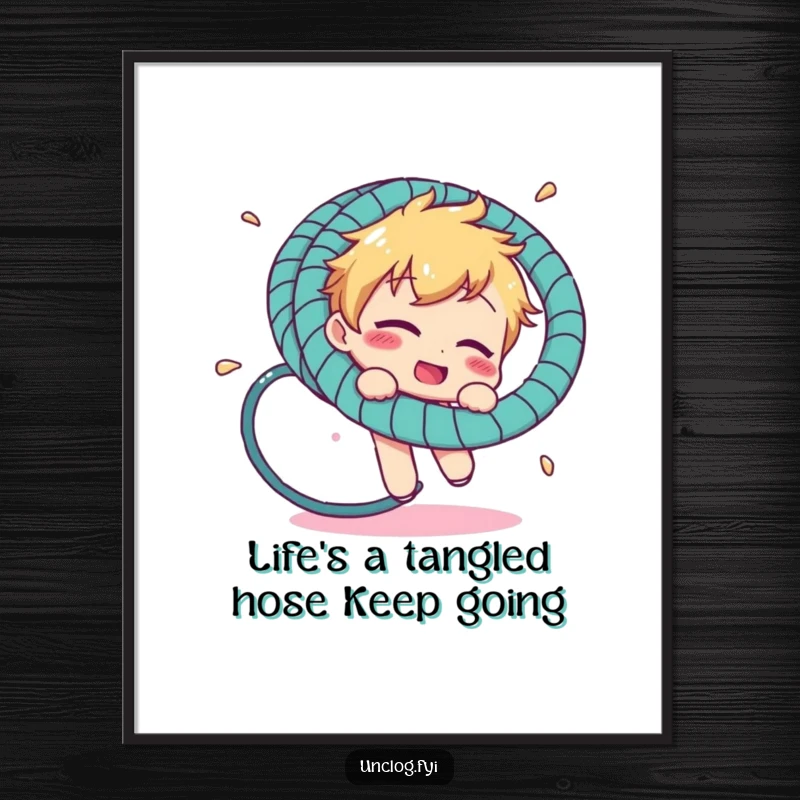 Funny Free Printable Wall Art: Character comically tangled in a hosepipe, adding a splash of humor to your decor.