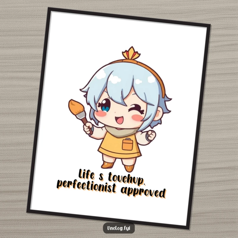 Funny free printable wall art: a cheerful character artistically touching up a canvas with a small paintbrush. Quirky decor idea.