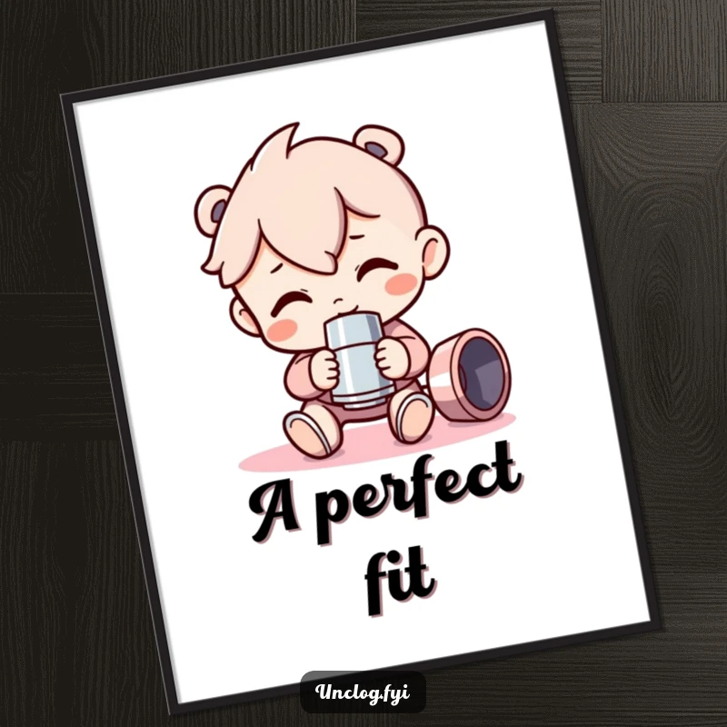 Funny Free Printable Wall Art of a character proudly displaying a shiny new pipe fitting, celebrating mechanical passions.