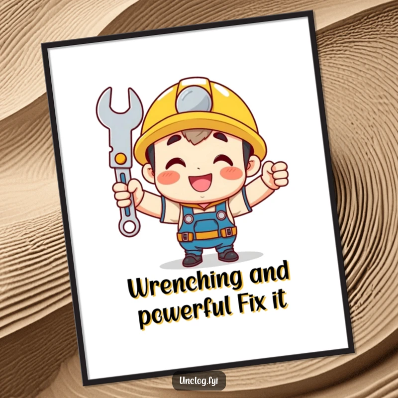 Funny Free Printable Wall Art: Cute character proudly displaying a shiny wrench, radiating accomplishment.