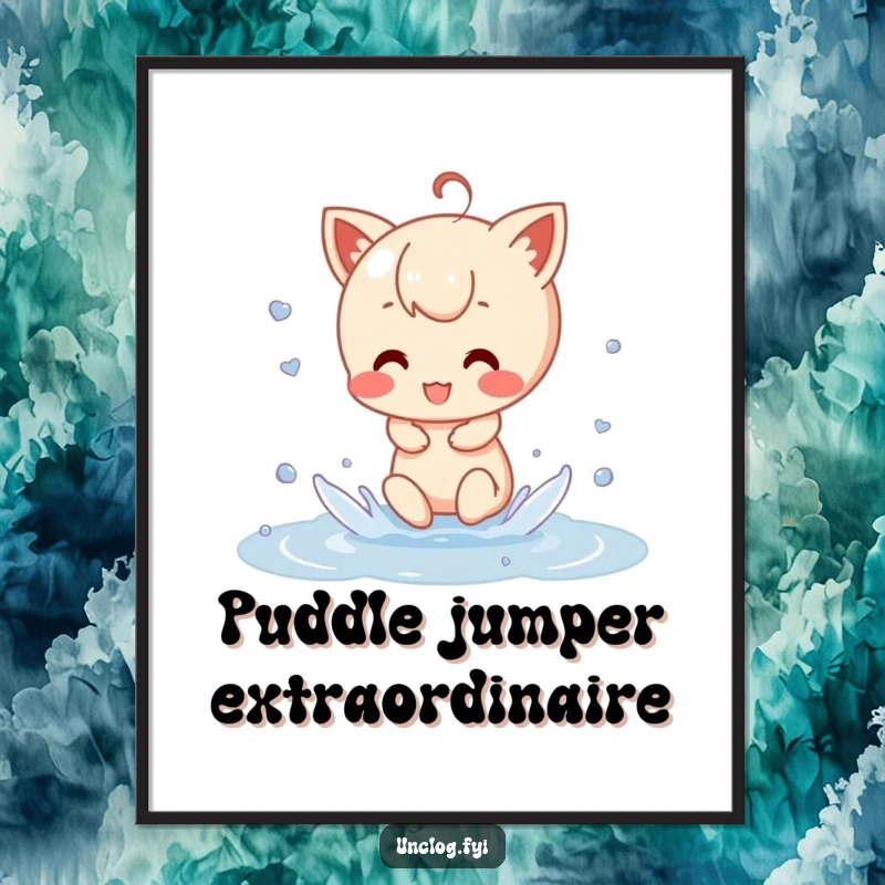 Funny Free Printable Wall Art of a cute character having a blast splashing in a puddle, full of joy.
