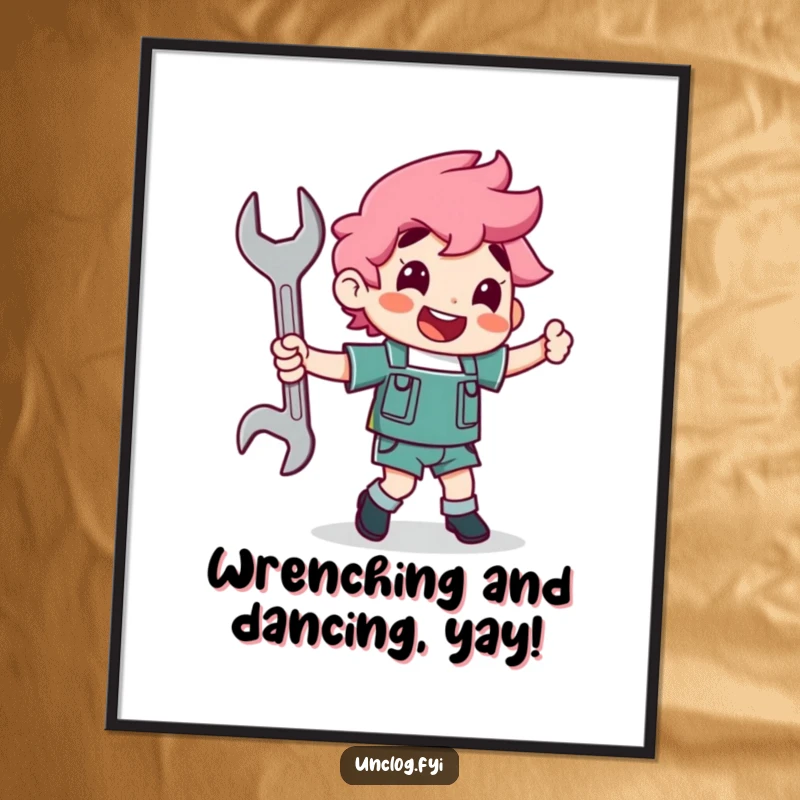 Funny Free Printable Wall Art: Character happily dancing with a wrench as a partner. Quirky and humorous downloadable decor.
