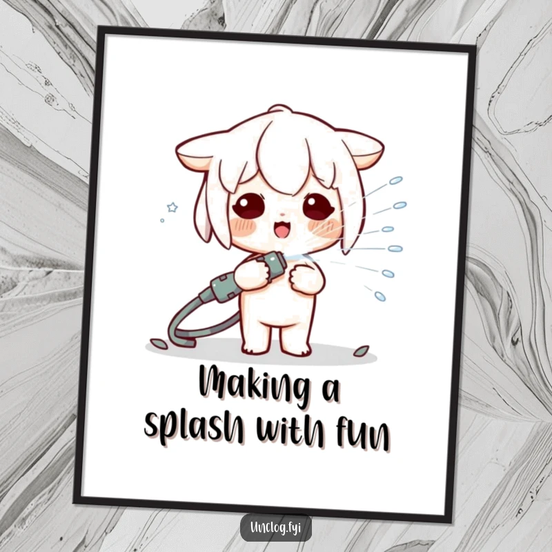 Funny free printable wall art depicting a cheerful Kawaii character playfully spraying a water hose, bringing a splash of fun to any room.