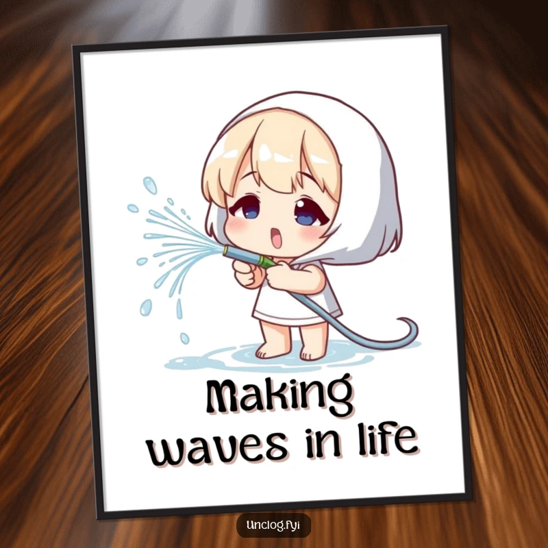 Funny Free Printable Wall Art DIY: Character playfully spraying water from a hose, cheerful decor.