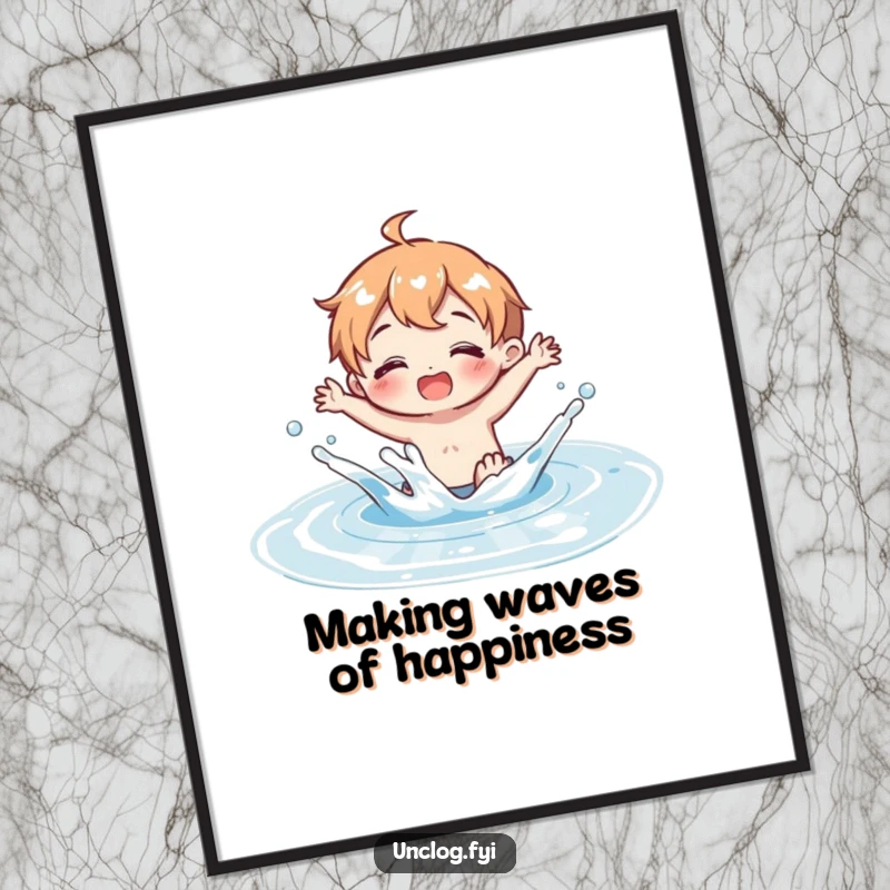 Funny Free Printable Wall Art: Whimsical character joyfully splashing in a pristine water puddle, bringing pure happiness.
