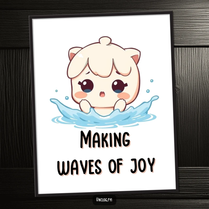 Funny Free Printable Kawaii Splash Wall Art, character surprised by sudden water splash, quirky humor, downloadable decor.