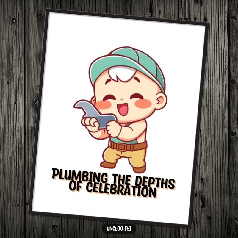 Funny Free Printable Kawaii Plumber Wall Art, character enthusiastically tightening pipe with wrench, mechanic humor, downloadable decor.