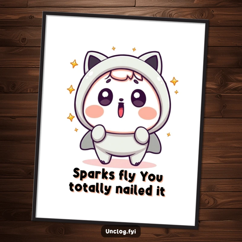 Funny Free Printable Kawaii Wall Art, a cute character with a surprised face and sparks flying, adding humor to decor.