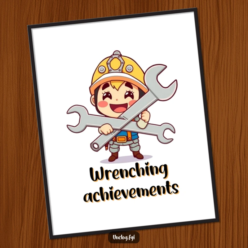 Funny Free Printable Wall Art: A cute character gleefully holds a giant wrench with a proud smile, radiating capability.