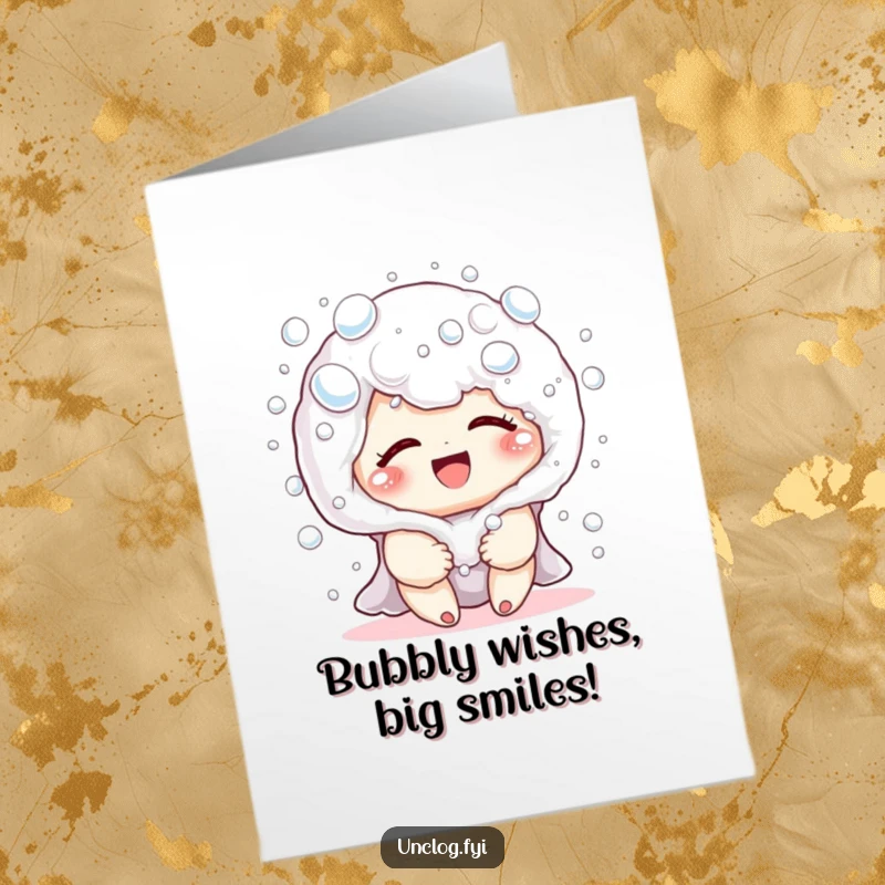 Funny Free Printable Birthday Card with a giggling character covered in playful, soapy bubbles, ready to spread joy.