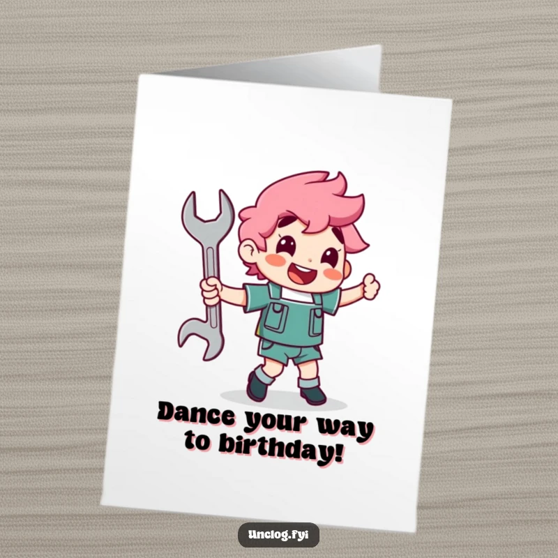 Funny Free Printable Birthday Card: Character happily dancing with a wrench as a dance partner. Hilarious downloadable greeting.