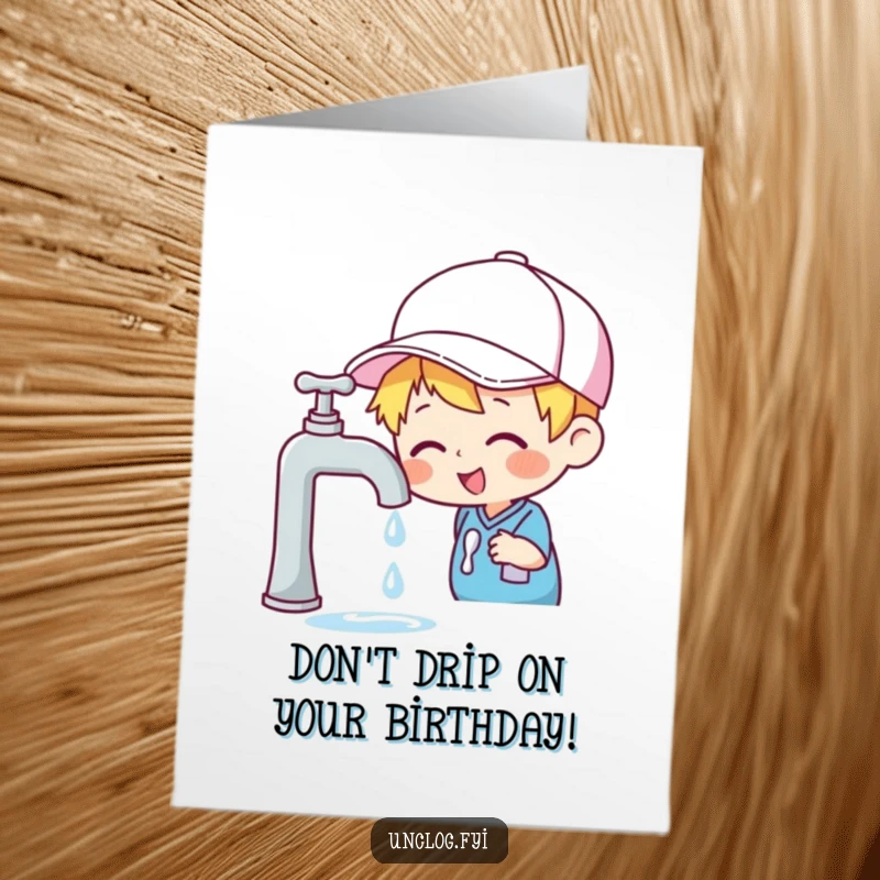 Funny Free Printable Birthday Card: Character in a cap cheerfully inspecting a dripping faucet, with a humorously wet look.