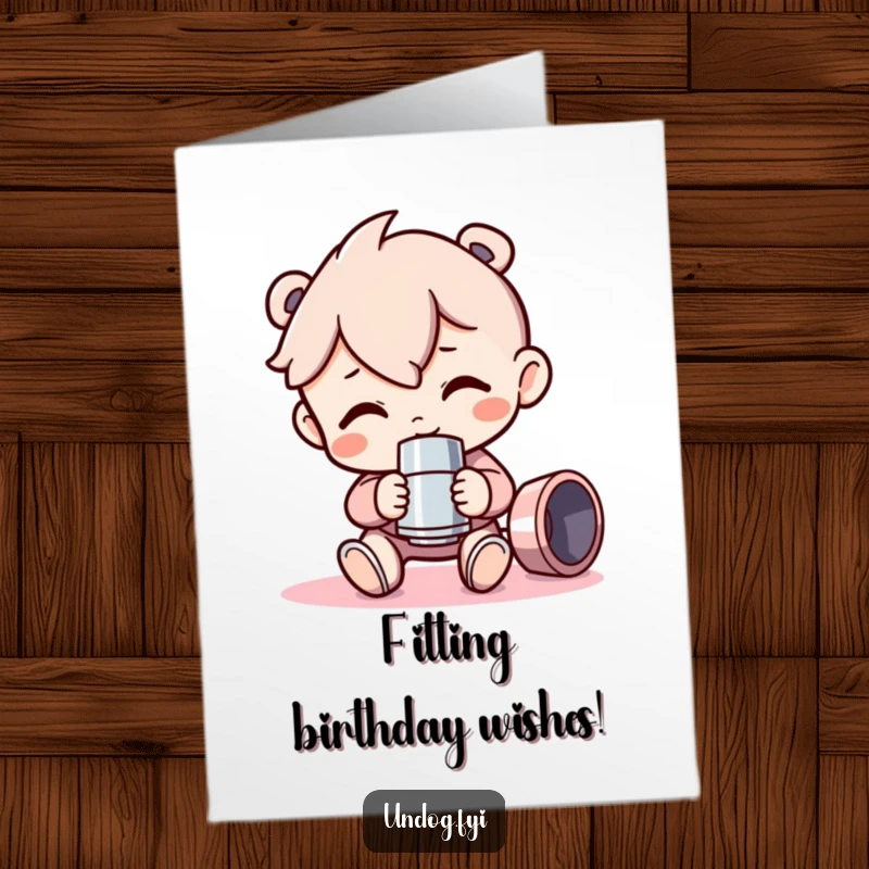 Funny Free Printable Birthday Card featuring a character proudly holding a shiny new pipe fitting, celebrating joys.