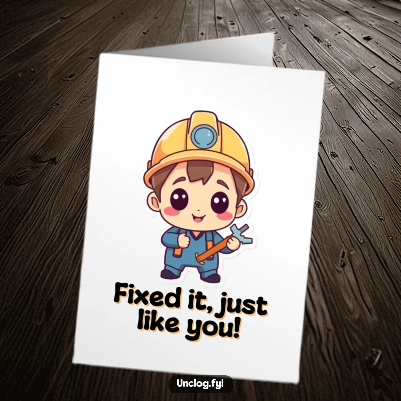 Funny Free Printable Birthday Card: Character in a hard hat looking pleased after a successful repair, celebrating a job well done.