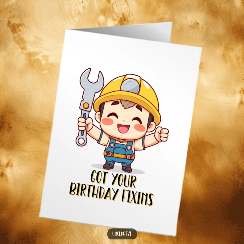 Funny Free Printable Birthday Card: Cute character proudly holding up a shiny wrench with a big smile.