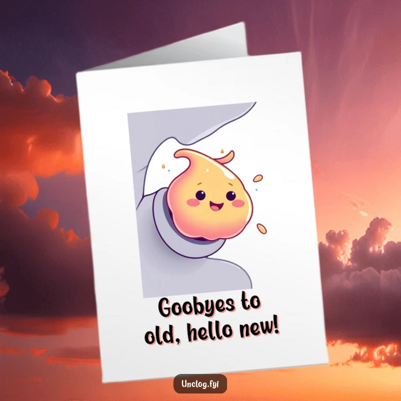 Funny free printable birthday card showing a smiling blob of colorful goo making a swift, humorous exit from a pipe.