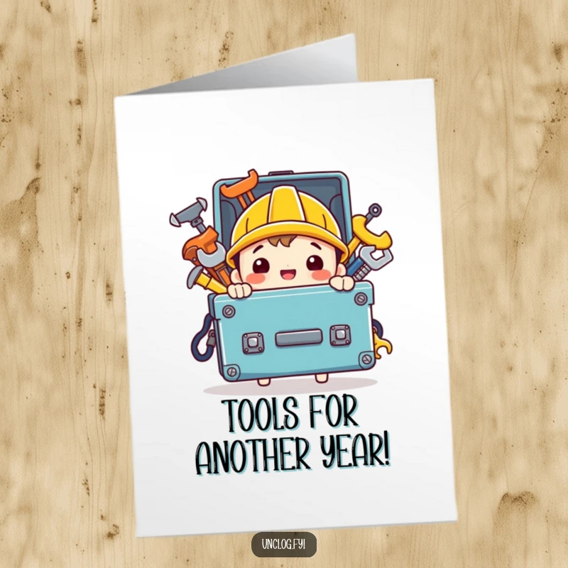 Funny Free Printable Birthday Card: A happy character carrying a toolbox full of shiny tools, ready to build a great birthday.