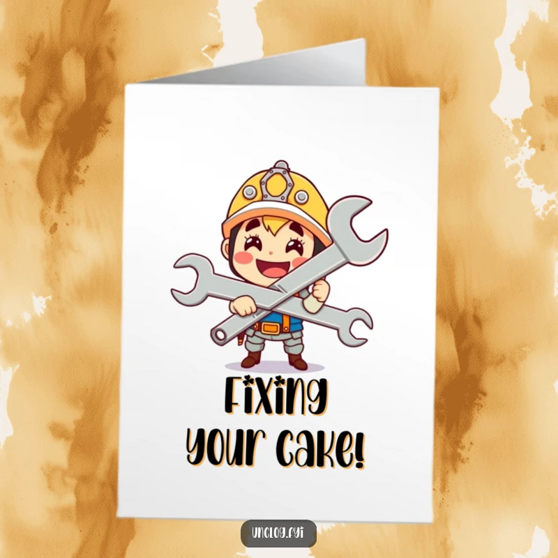 Funny Free Printable Birthday Card: A cute character proudly holding a giant wrench with a gleeful smile, ready to tackle anything.
