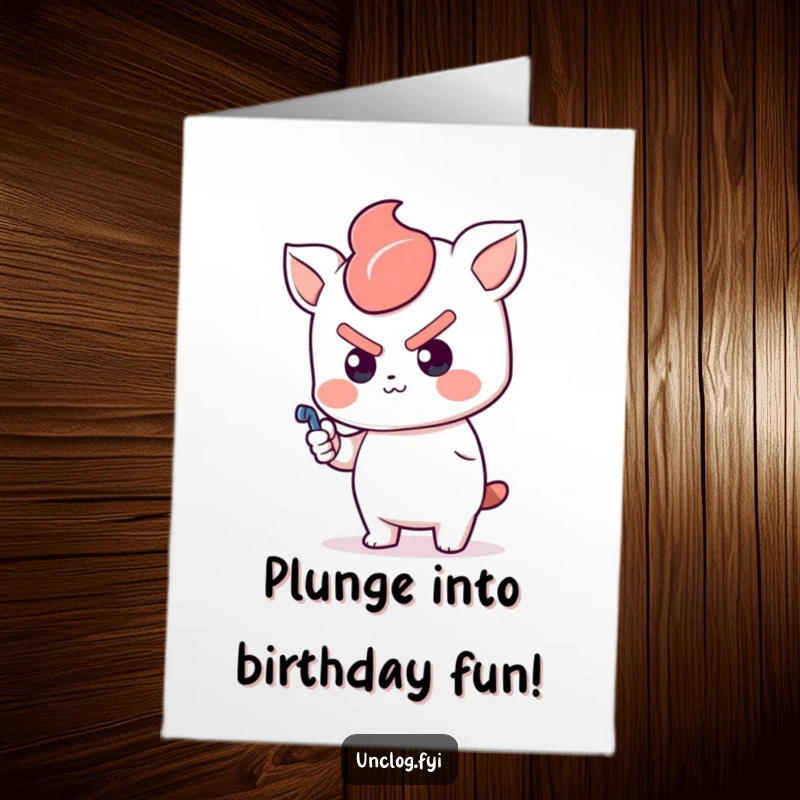 Funny Free Printable Kawaii Birthday Card, a determined character pushing a plunger, perfect for problem solvers.