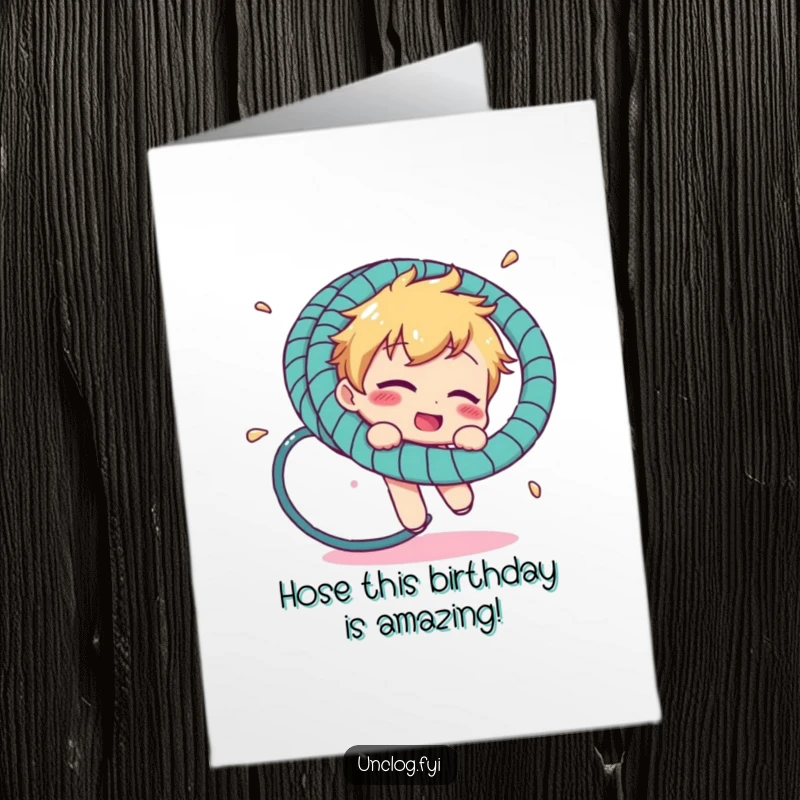 Funny Free Printable Birthday Card: Character comically stuck in a tangled hosepipe, ready to send birthday wishes.