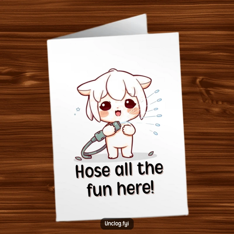 Funny free printable birthday card featuring a cute Kawaii character joyfully spraying a water hose with a mischievous grin.