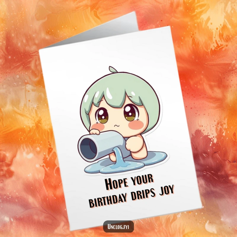 Funny Free Printable Birthday Card: a character with wide eyes staring in shock at a dripping leaky pipe, a humorous birthday surprise.