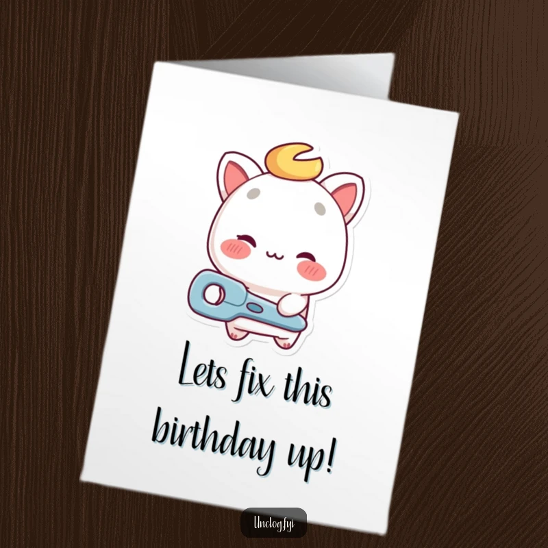 Funny Free Printable Birthday Card: A character with a friendly wink offers a shiny repair tool, ready to fix anything.