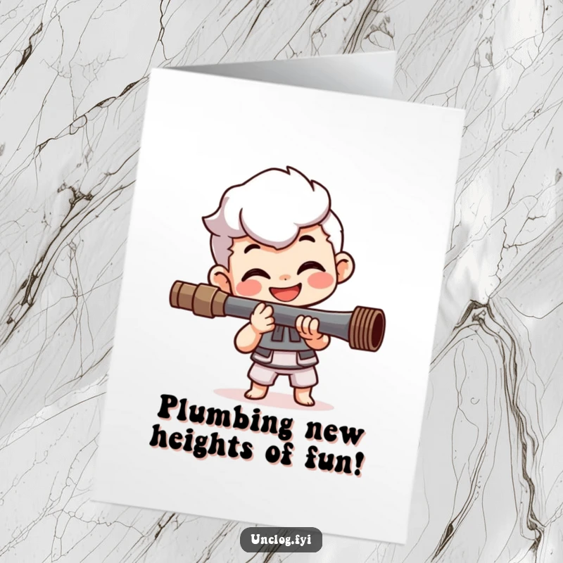 Funny Free Printable Birthday Card: Smiling plumber happily tightening a pipe with determined focus, ready for celebration.