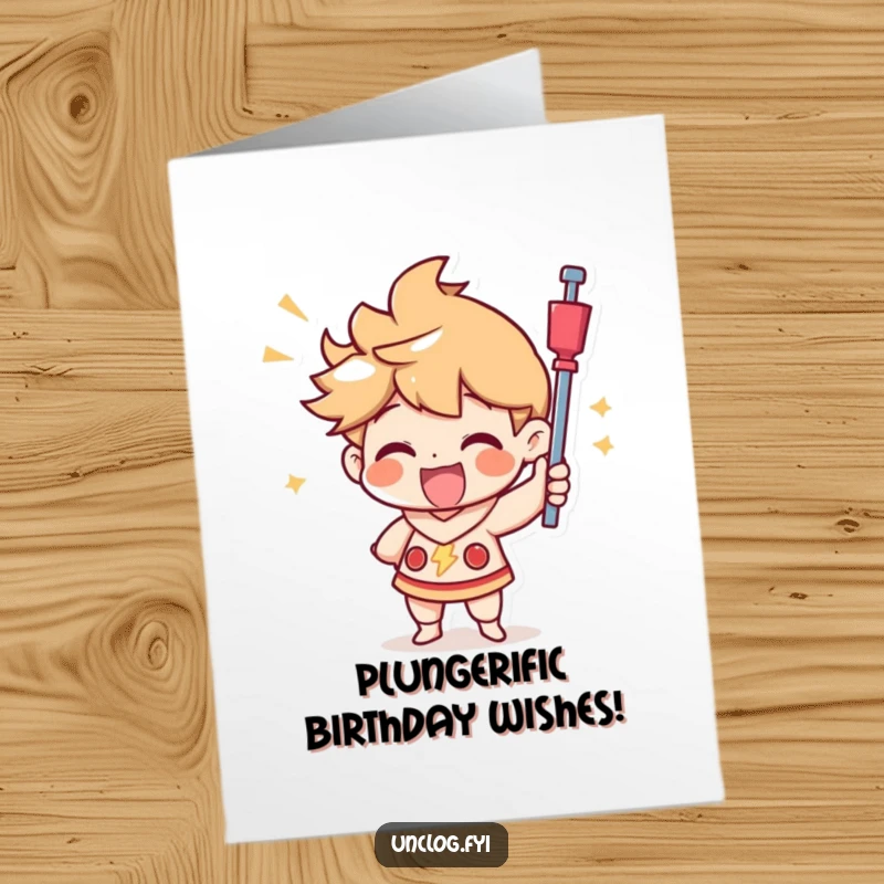 Funny Free Printable Birthday Card: Character triumphantly using a plunger with a joyful, heroic expression for a birthday.