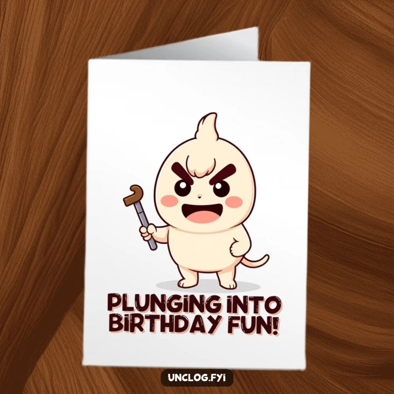 Funny Free Printable Kawaii Plumber Birthday Card, character holding plunger with determined grin, ready to fix, DIY gift.