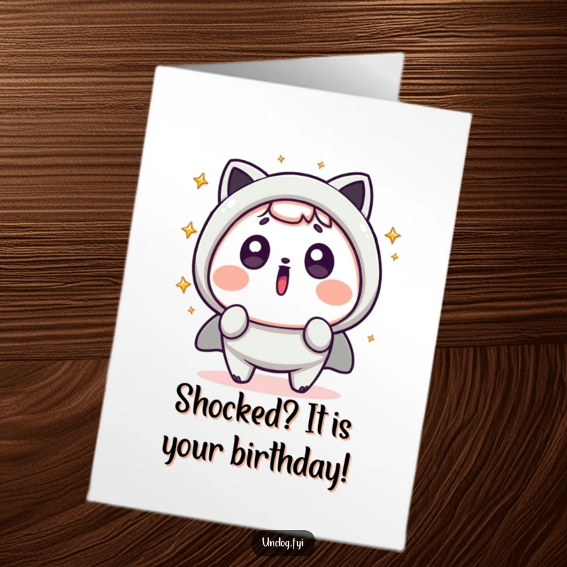 Funny Free Printable Kawaii Birthday Card, a cute character with a shocked face and sparks flying, perfect for surprise celebrations.