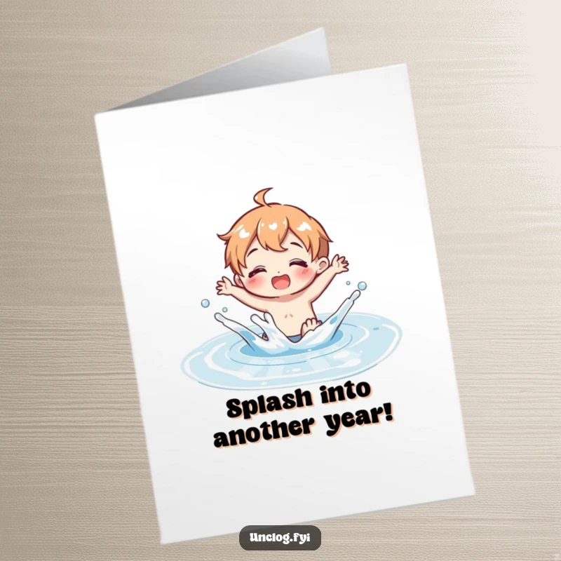 Funny Free Printable Birthday Card: Character joyfully splashing in a clean water puddle, radiating pure delight.