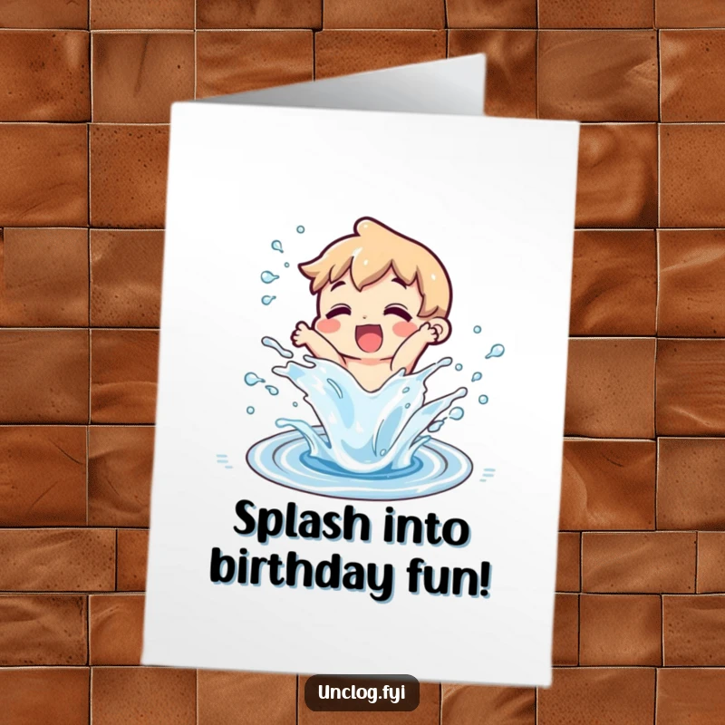 Funny Free Printable Birthday Card: Character joyfully splashing water from an unclogged drain. Hilarious downloadable greeting.