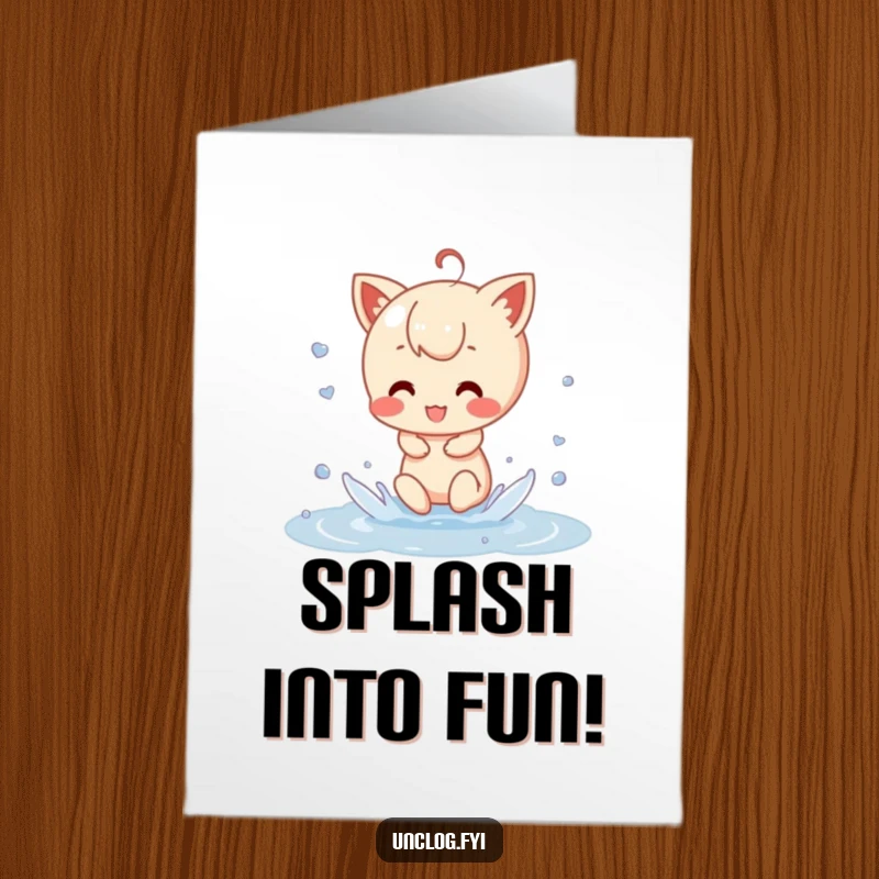 Funny Free Printable Birthday Card of a cute character gleefully splashing in a puddle, spreading birthday cheer.
