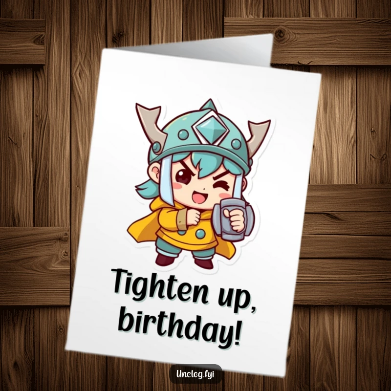 Funny Free Printable Birthday Card: Determined character cheerfully tightening a bolt, symbolizing strength and good wishes.