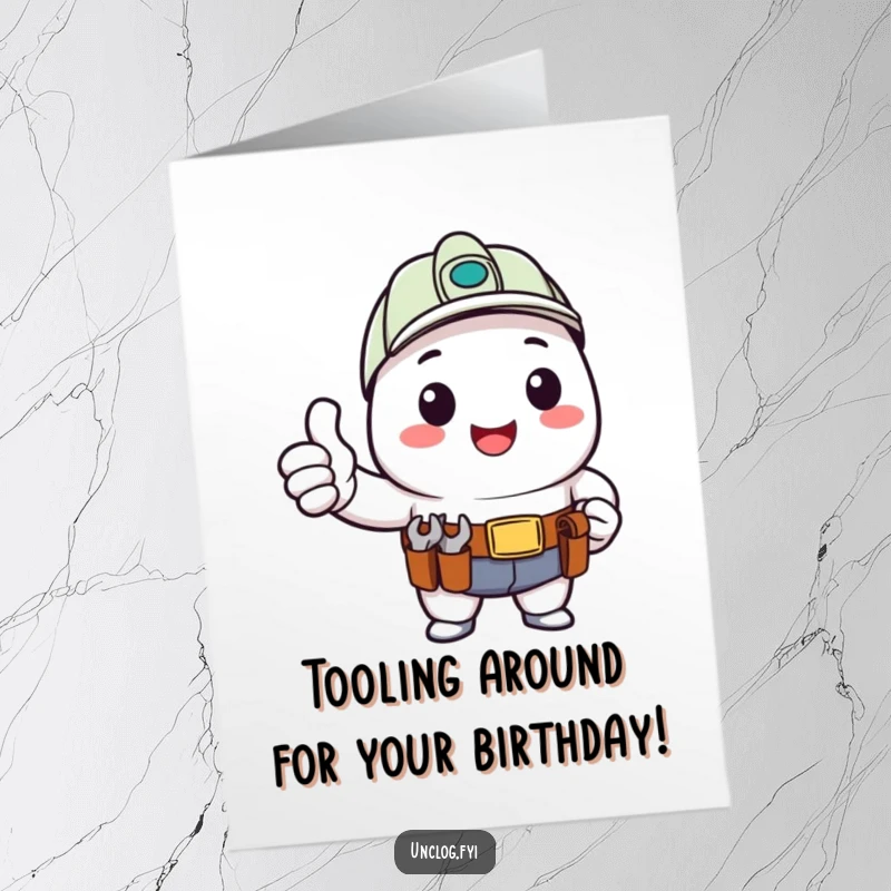 Funny Free Printable Kawaii DIYer Birthday Card, character giving happy thumbs up with tool belt, celebrating DIY, birthday gift.