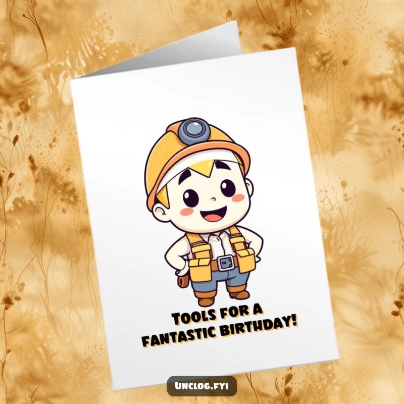 Funny Free Printable Birthday Card DIY: Confident plumber with tool belt ready to fix anything, downloadable gift.