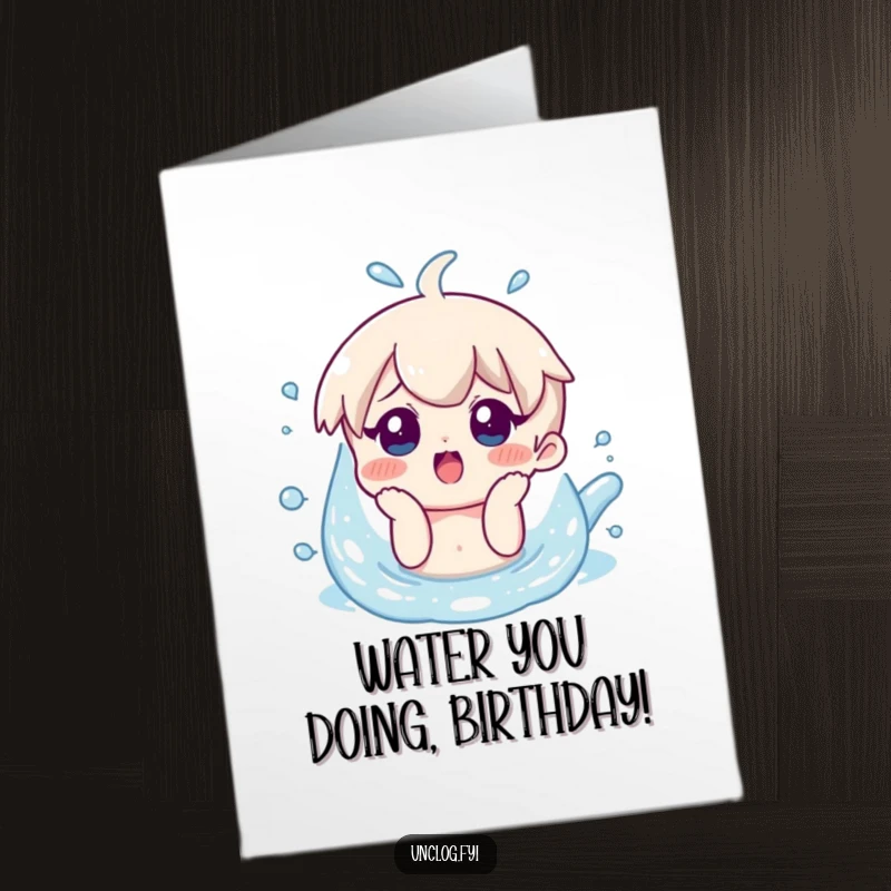 Funny Free Printable Birthday Card: Character with a surprised smile looking at overflowing water, a chaotic birthday wish.