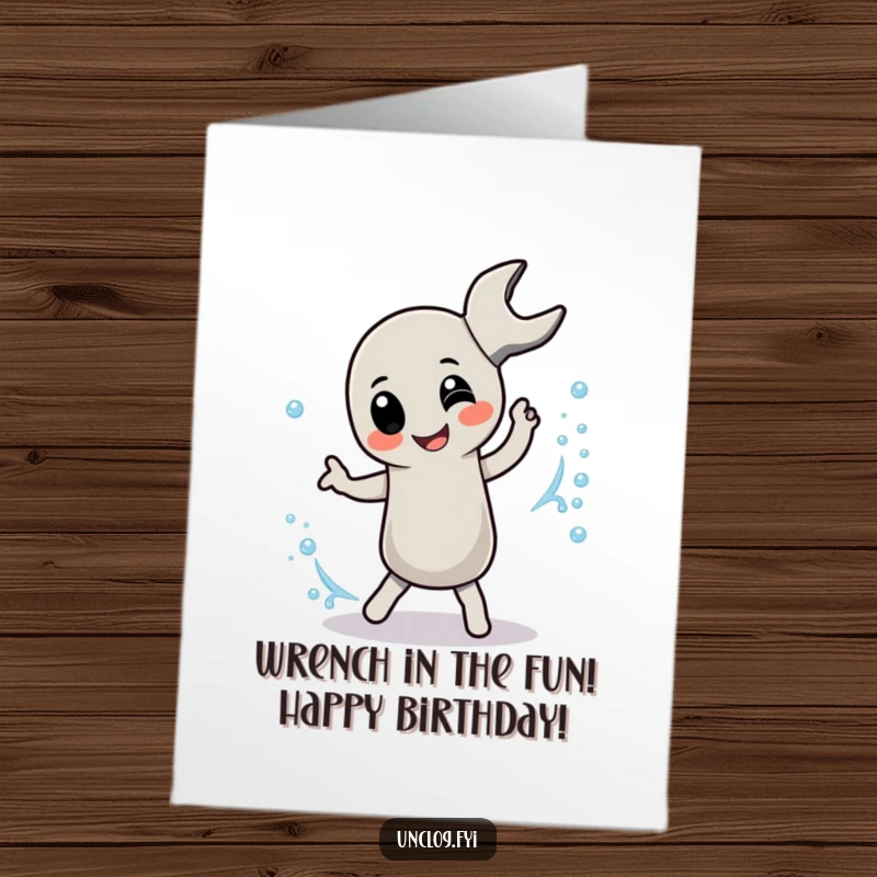 Funny free printable birthday card showing a pipe wrench character joyfully dancing alongside a stream of lively bubbles.