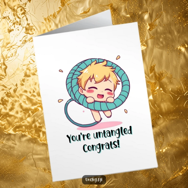 Free Printable Congratulations Card: Character comically entangled in a hosepipe, celebrating your success with humor.