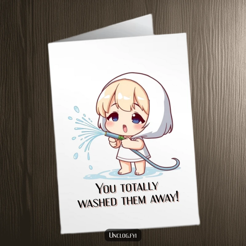 Funny Free Printable Congrats Card DIY: Happy character playfully spraying water, celebrating success, gift.