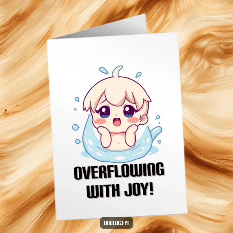 Funny Free Printable Congrats Card: Character with a surprised smile looking at overflowing water, celebrating abundance.