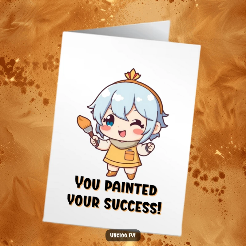 Funny free printable congratulations card showing a happy character adding a final touch with a small paintbrush. DIY celebration.