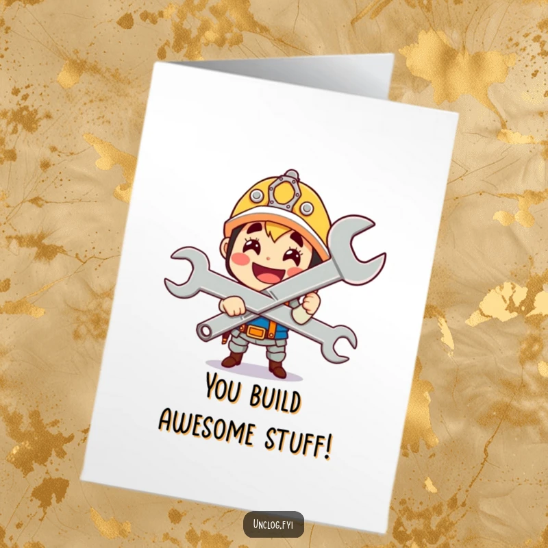 Funny Free Printable Congrats Card: A cute character gleefully holding a giant wrench with a proud smile, celebrating success.