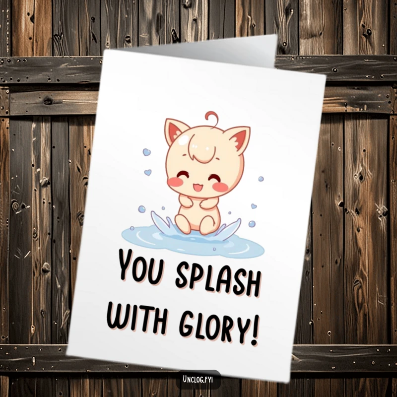 Funny Free Printable Congratulations Card showing a character joyfully splashing in a puddle, celebrating achievements.