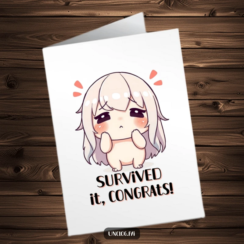 Funny Free Printable Congratulations Card: Character wiping brow, sighing in relief after a major challenge. Hilarious downloadable.